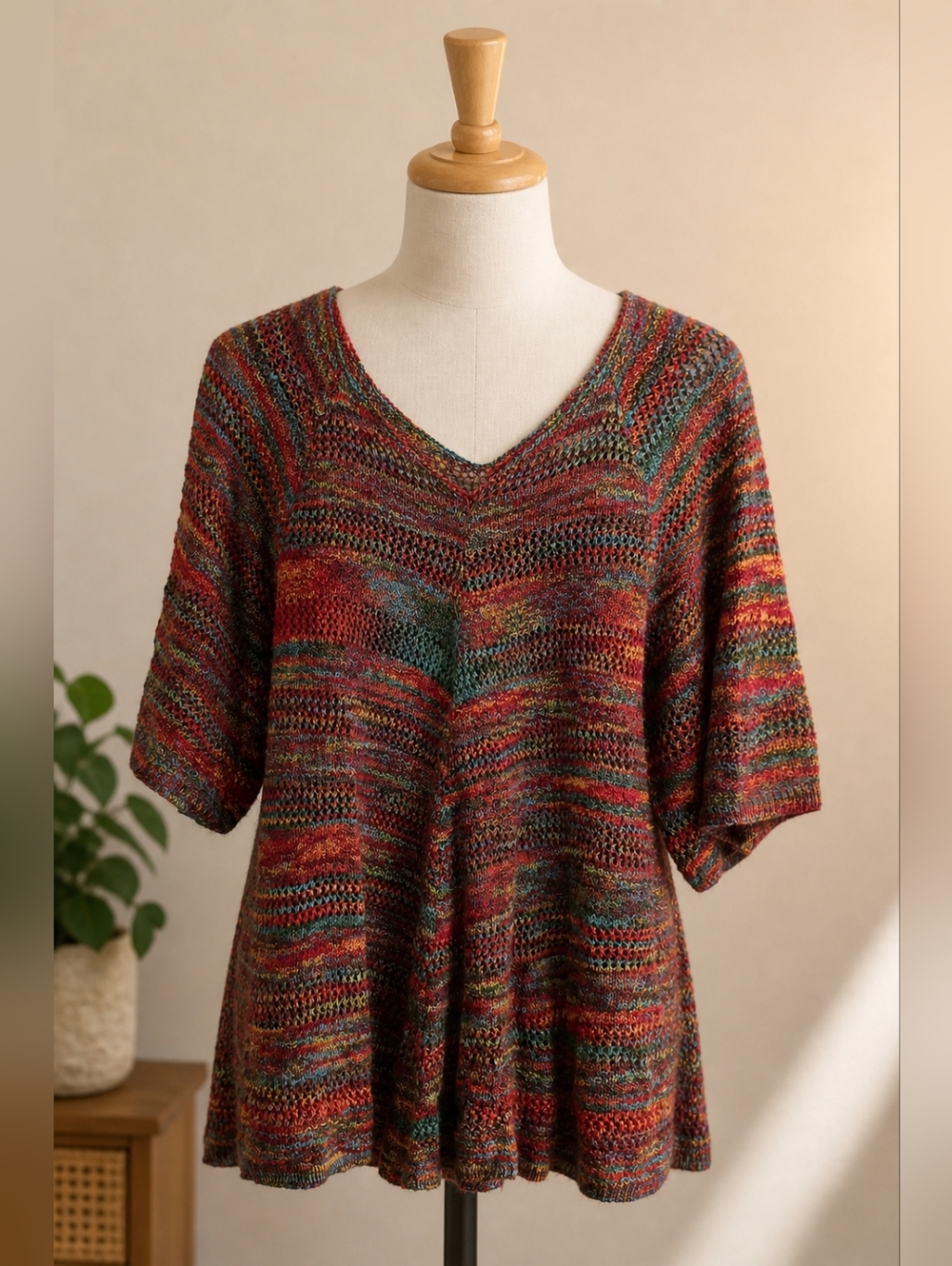 Faded Glory Rainbow Sheer Knit Tunic Top Large Boho V Neck Colorful Mesh
